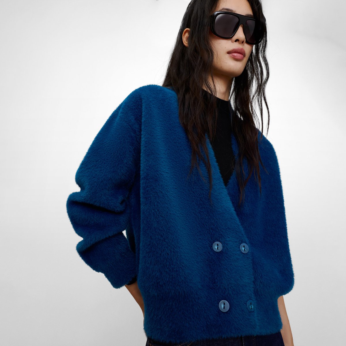 Veste imitation fourrure à face transversale bleu, ADOLFO DOMINGUEZ