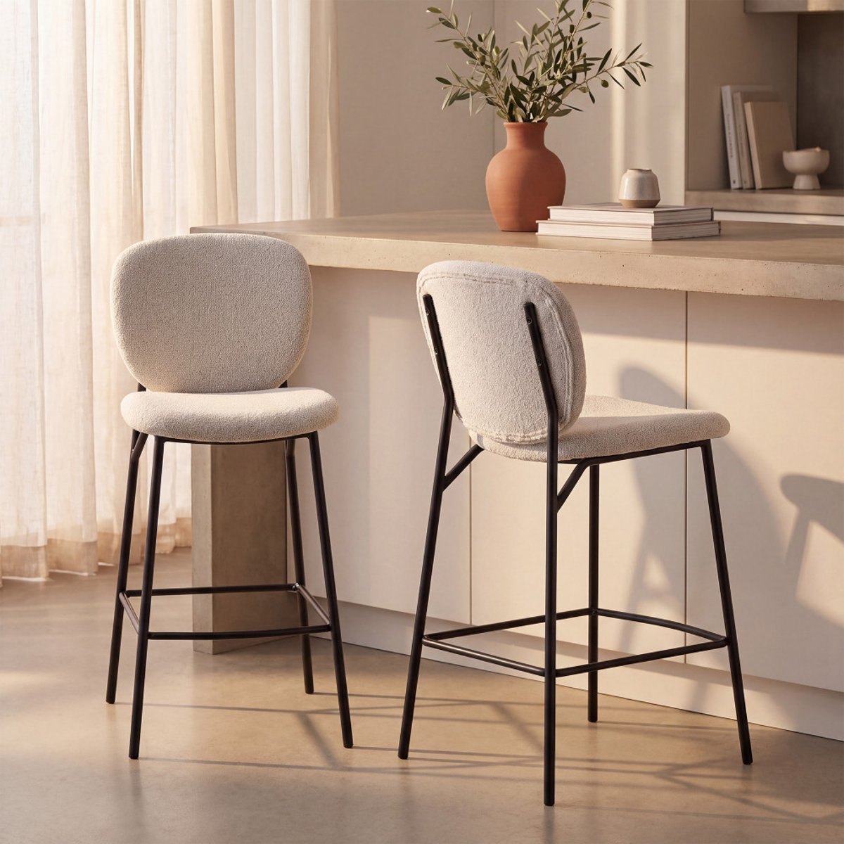 Lot de 2 tabourets de bar en tissu et métal H65cm- DALBY écru chiné, DRAWER