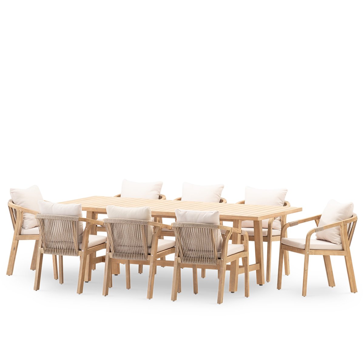 Salon de jardin, 8 chaises, SIENA bois clair, coussin beige, DEFORA HOME