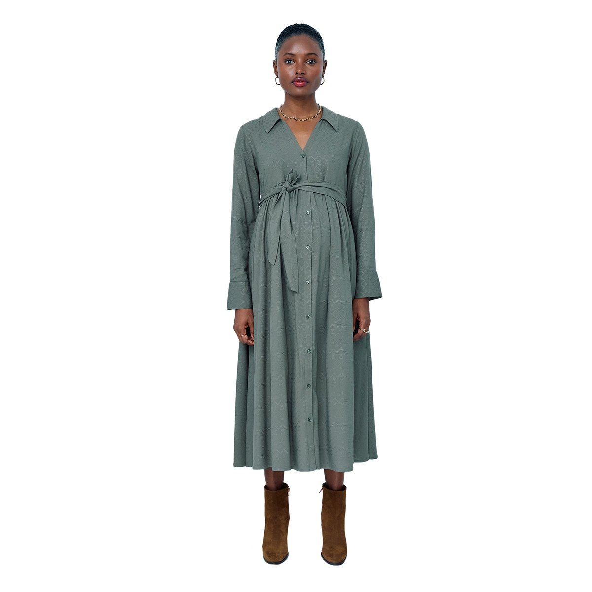 Robe-chemise longue jacquard grossesse et allaitement kaki, VERTBAUDET