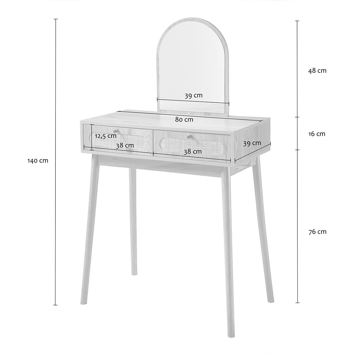 Coiffeuse miroir et 2 tiroirs en rotin ALIA bois clair, CALICOSY