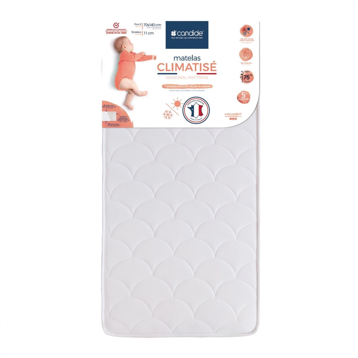 Pack Matelas bébé climatisé + alèse blanc + drap housse blanc blanc, CANDIDE
