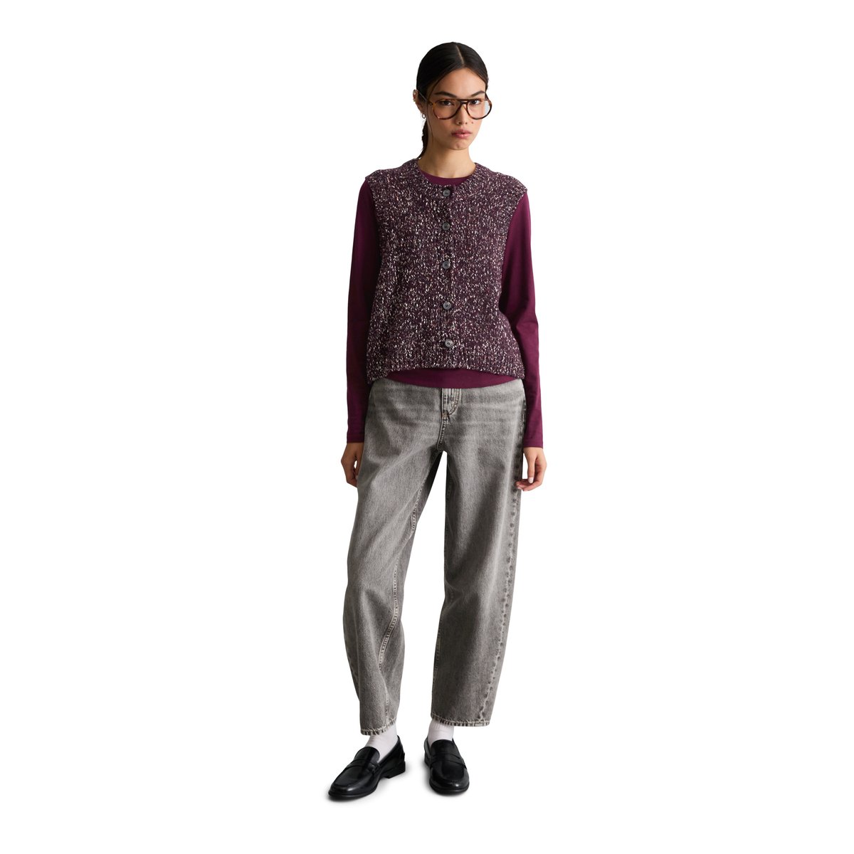 Cardigan sans manches en tweed, coupe classique en mélange de coton et de laine vierge rouge, MARC O’POLO DENIM