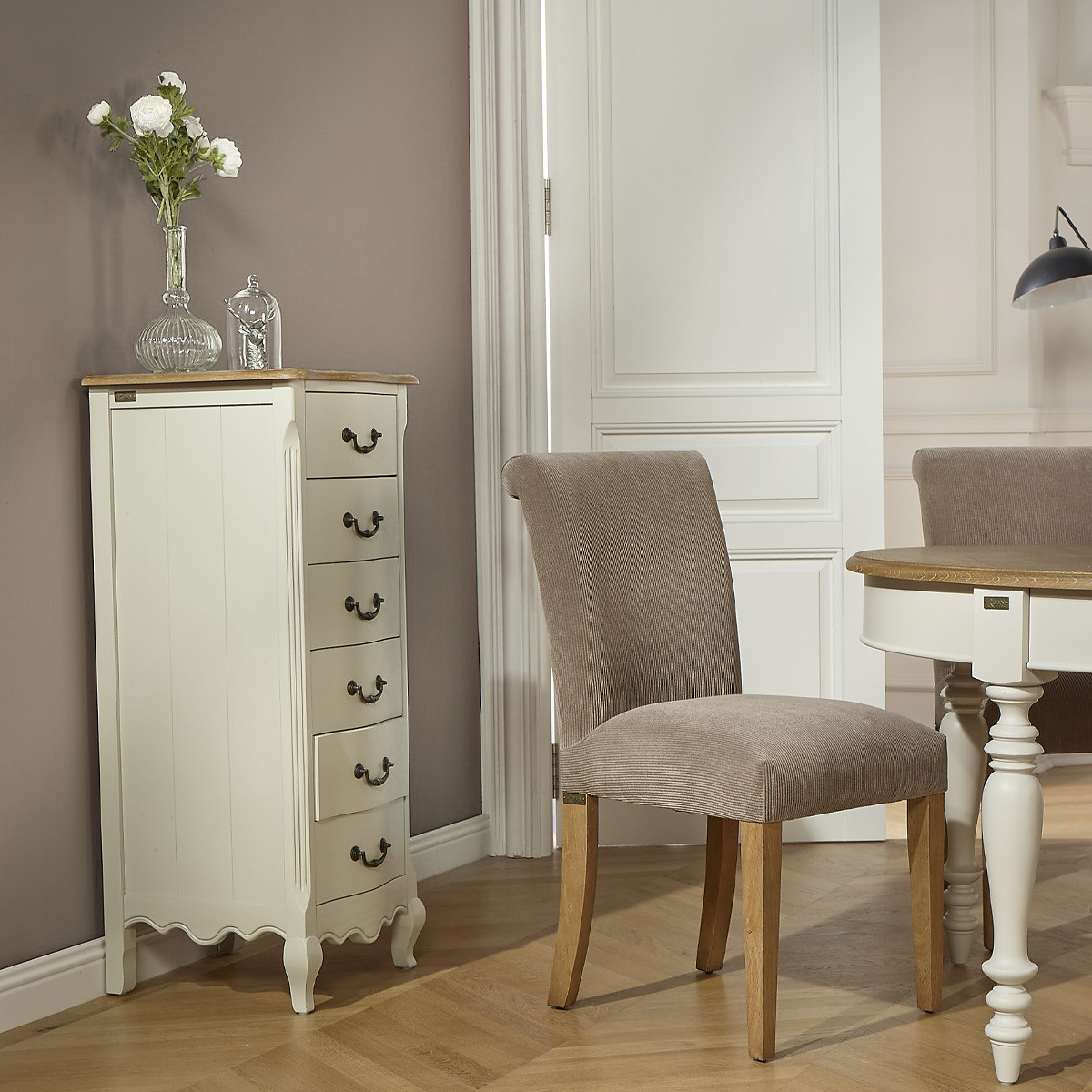 Colonne de rangement style classique, plateau en chêne, 6 tiroirs ORIANE blanc, ROBIN DES BOIS