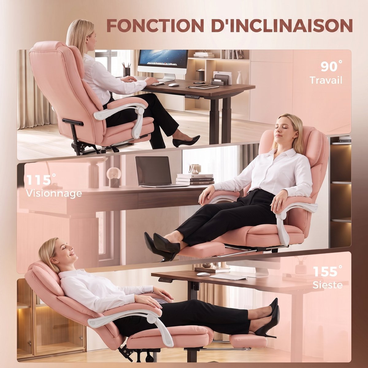 Chaise de bureau Cuir synthétique adapté aux rose, HOMCOM
