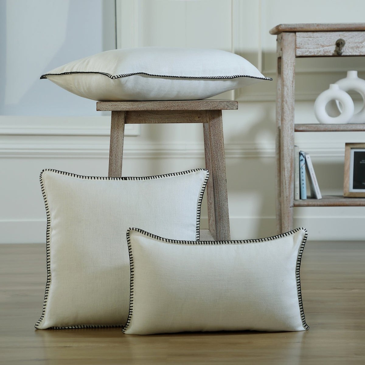Coussin lin lavé MAXIME blanc / noir, FEBRONIE