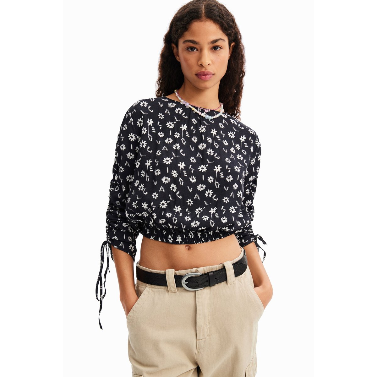 Blouse courte froncée fleurs bleu, DESIGUAL