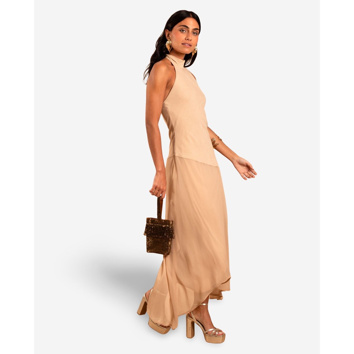 Robe midi asymétrique avec col halter beige, THE-ARE