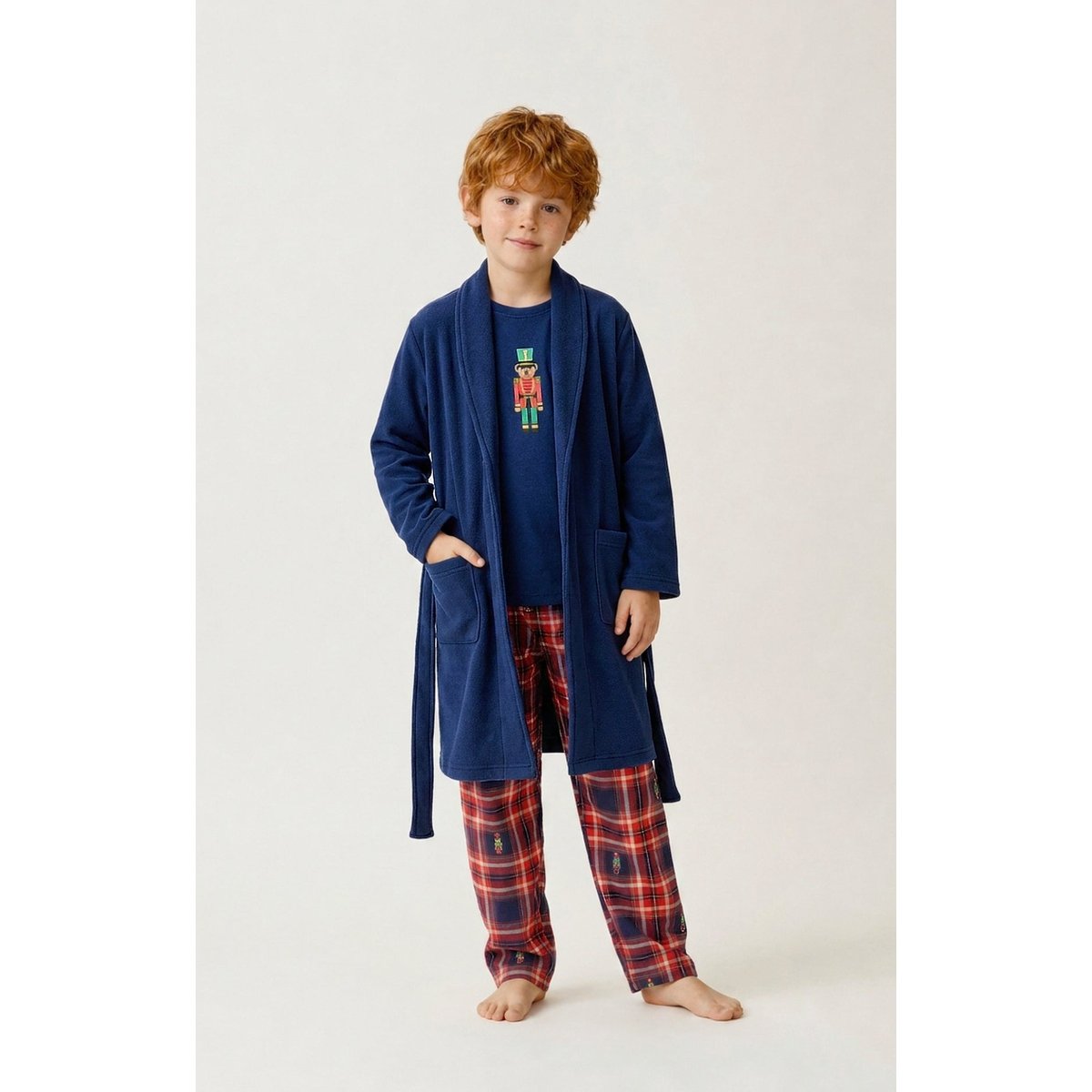 Robe de chambre enfant en micropolaire couleur unie Casse-noisette marine, ARTHUR
