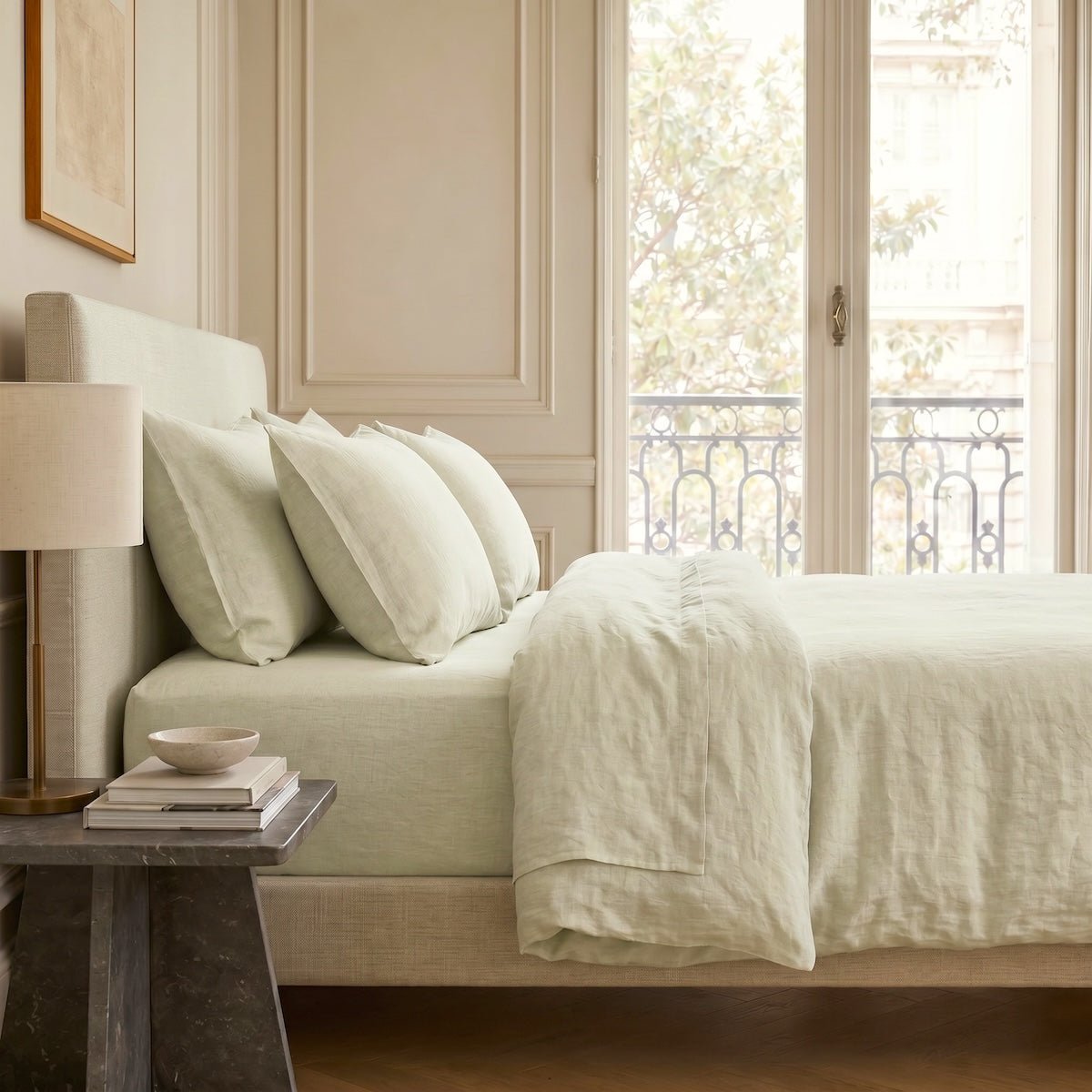 Parure + taies 65x65 lin lavé ADELE Made in Europe vert amande, FEBRONIE