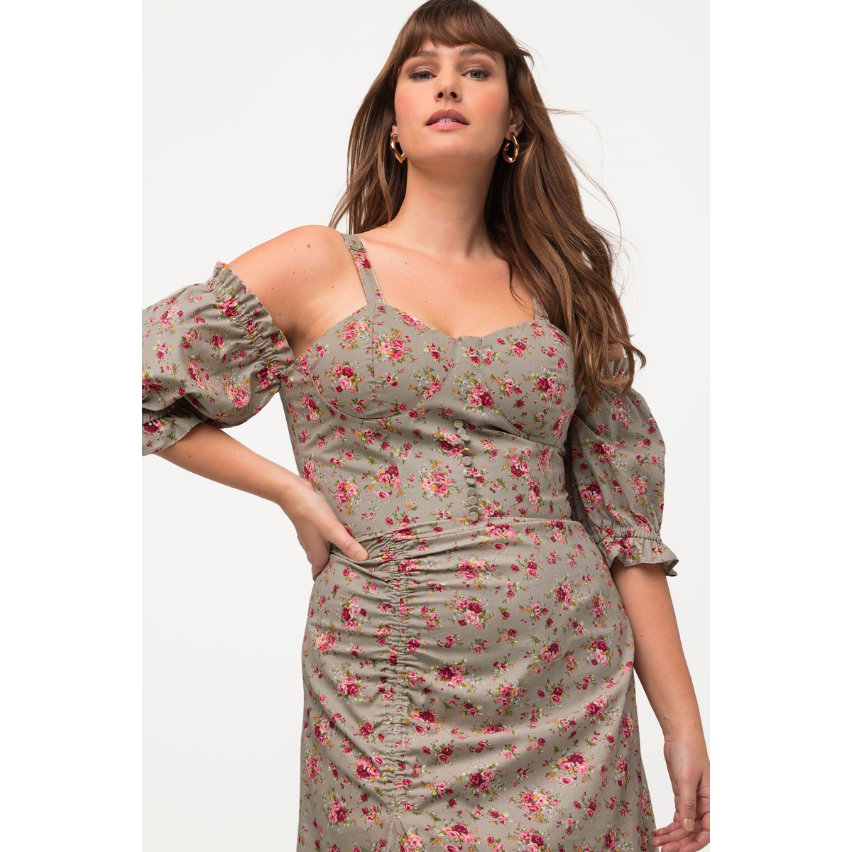 Robe mini, roses, manches courtes beige, ULLA POPKEN