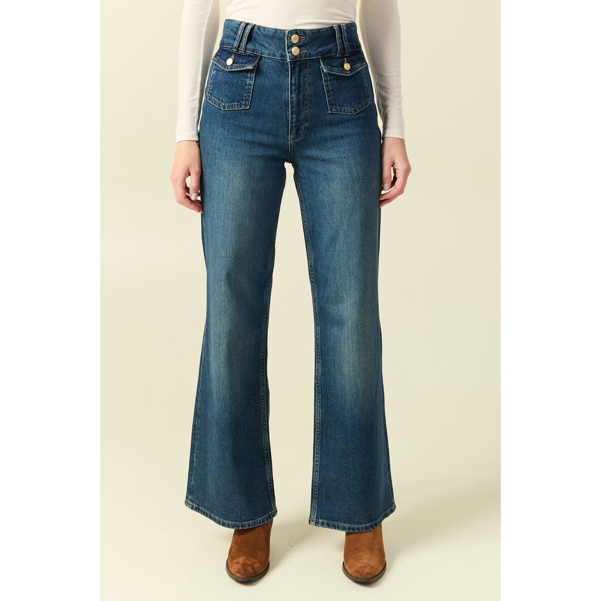 Jeans bootcut taille haute bleu, BONOBO