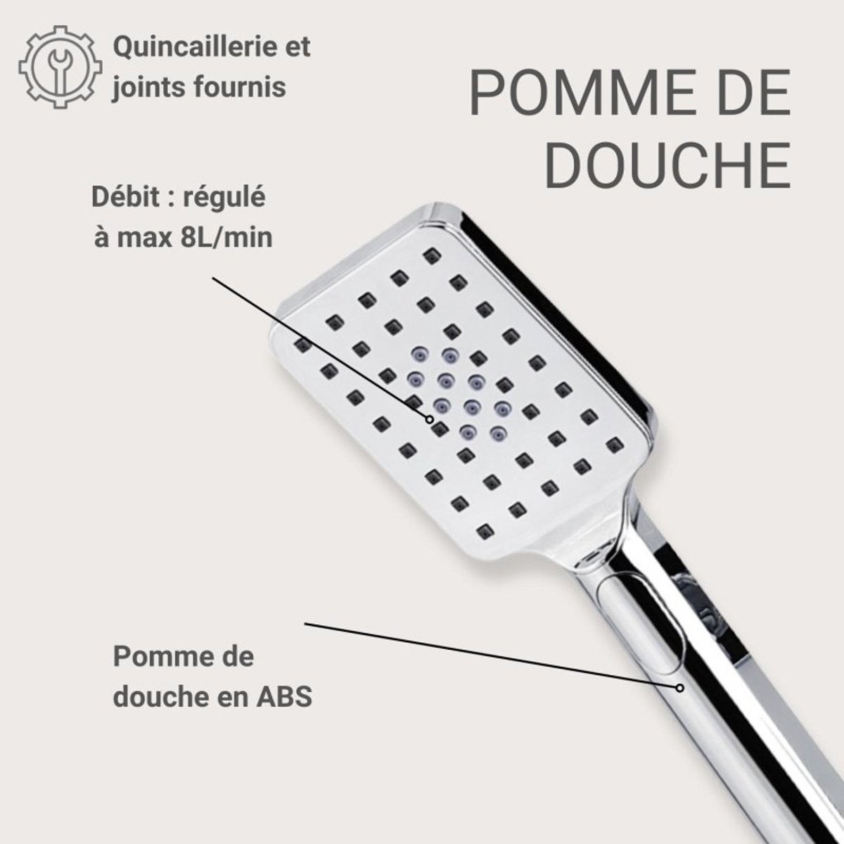 Douchette chromée rectangulaire 3 jets ELOA chromé, MOB IN
