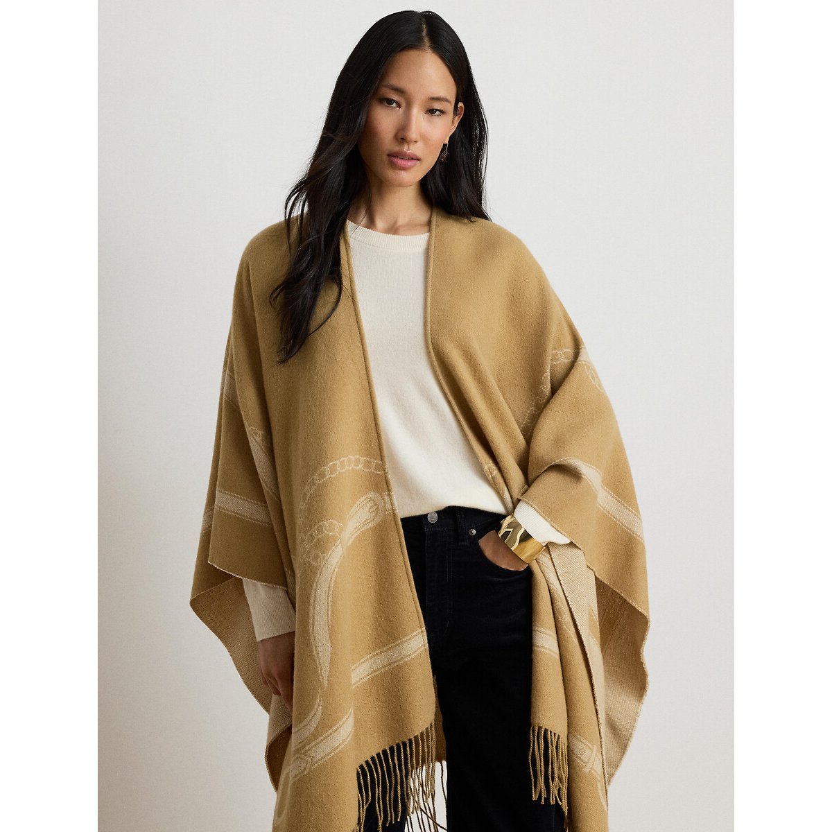 Poncho frangé, réversible, à motif équestre camel/beige, LAUREN RALPH LAUREN