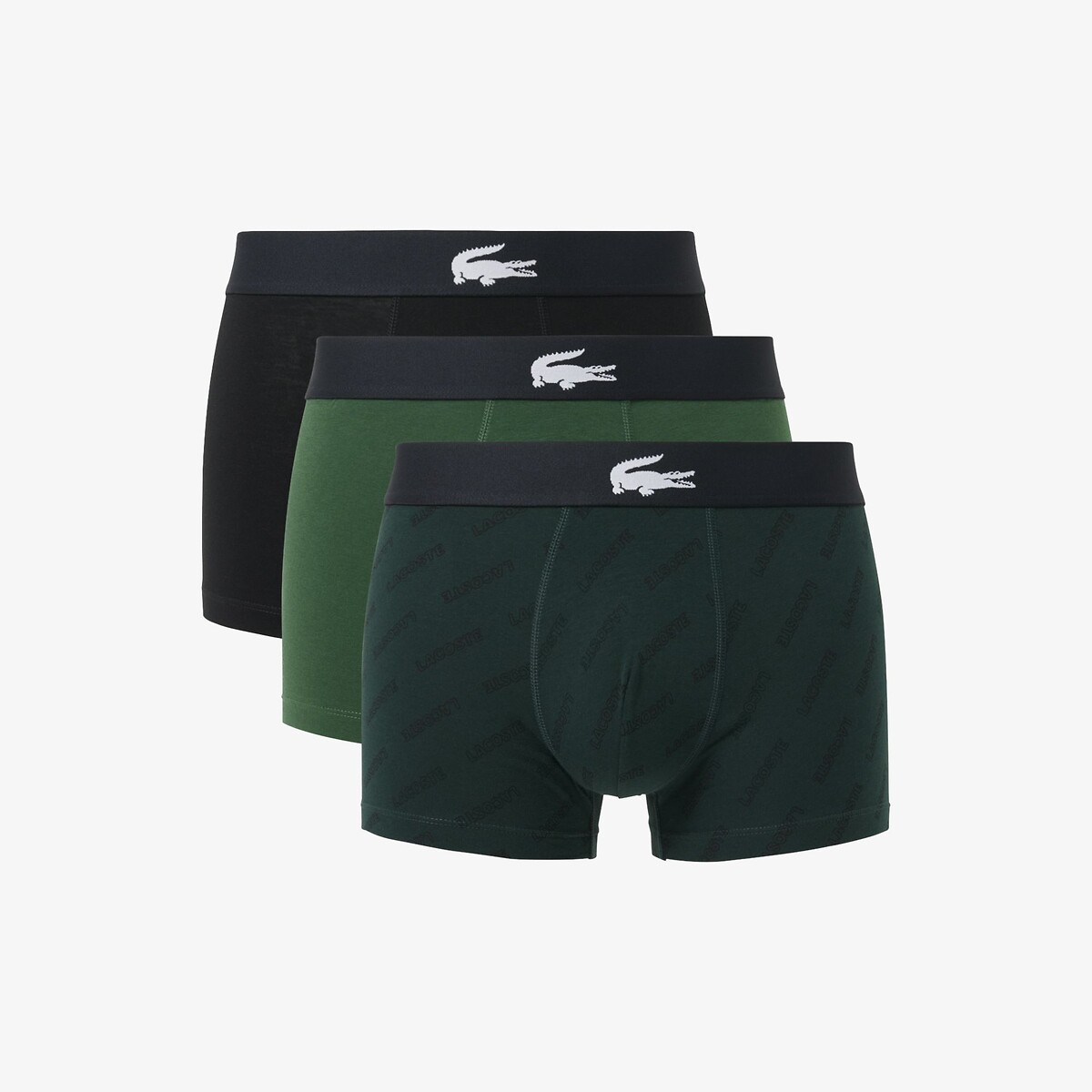 Confezione da 3 boxer in cotone elasticizzato stampato Lacoste noir + vert print + vert, LACOSTE