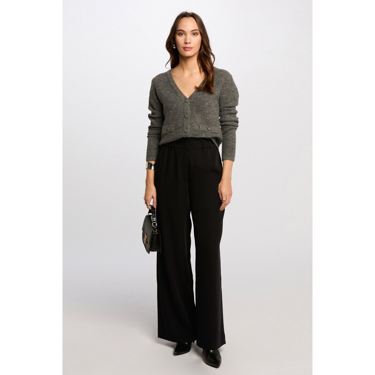Pantalon large à fronces noir, MORGAN