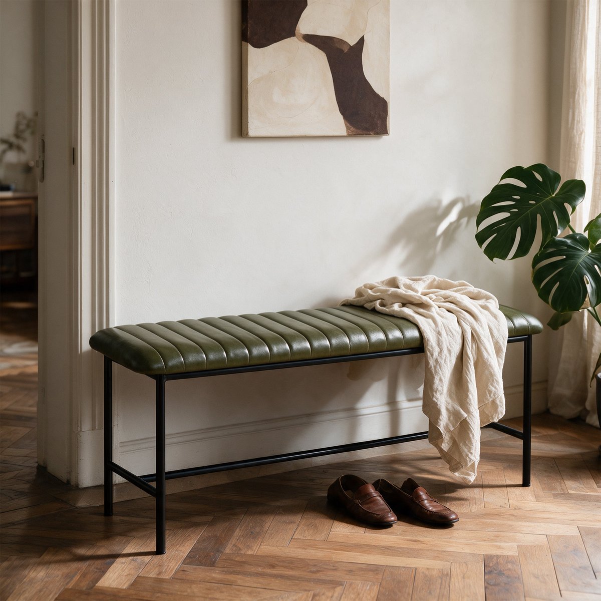 Banc 100 cm en cuir de buffle, pieds en métal - ÉMILE vert, MAISON PAVANE