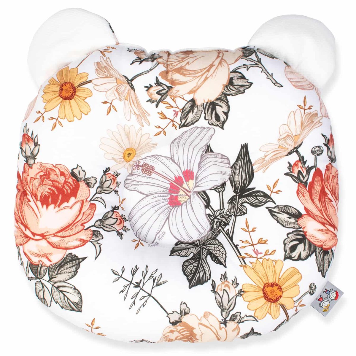 Coussin anti tête plate morphologique EUCALYPTUS néo vintage imprimé floral, beige, blanc, SEVIRA KIDS