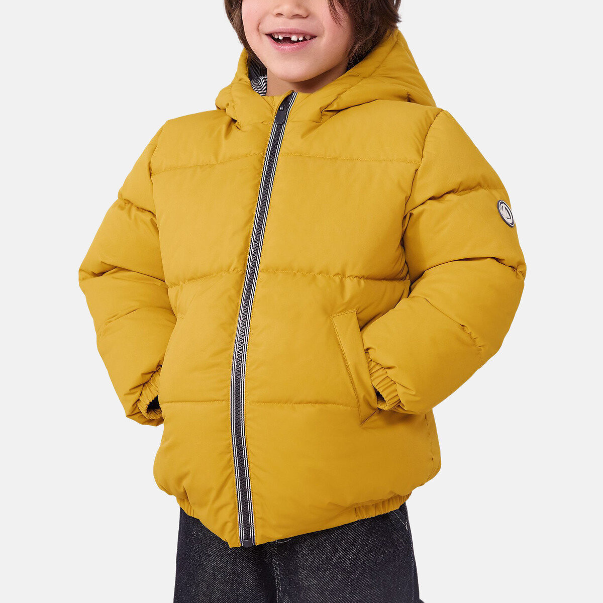 Piumino a tinta unita con cappuccio giallo senape, PETIT BATEAU