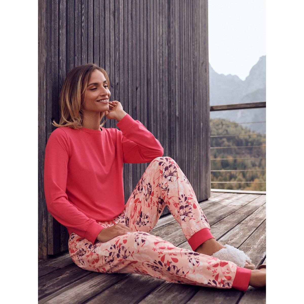Pyjama pantalon resserré top manches longues Ocean corail, LISCA