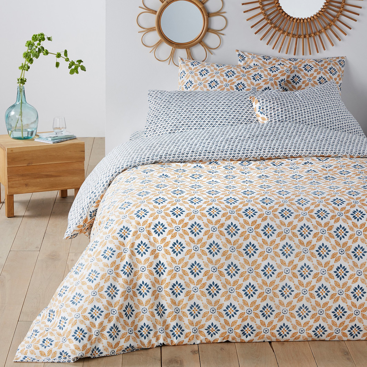 Housse de couette percale de coton, Soleme imprimé bleu/jaune, LA REDOUTE INTERIEURS