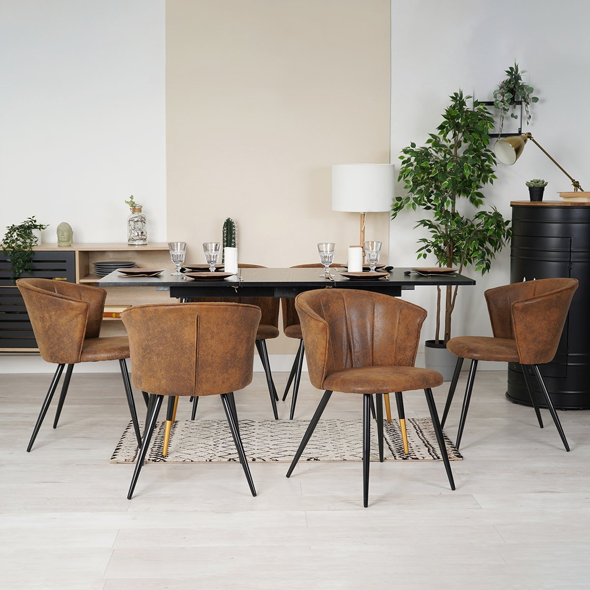 Lot de 6 chaises de salle à manger en microfibre effet suédine style vintage rétro avec structure en métal noir, DONCIC marron, MEUBLES COSY
