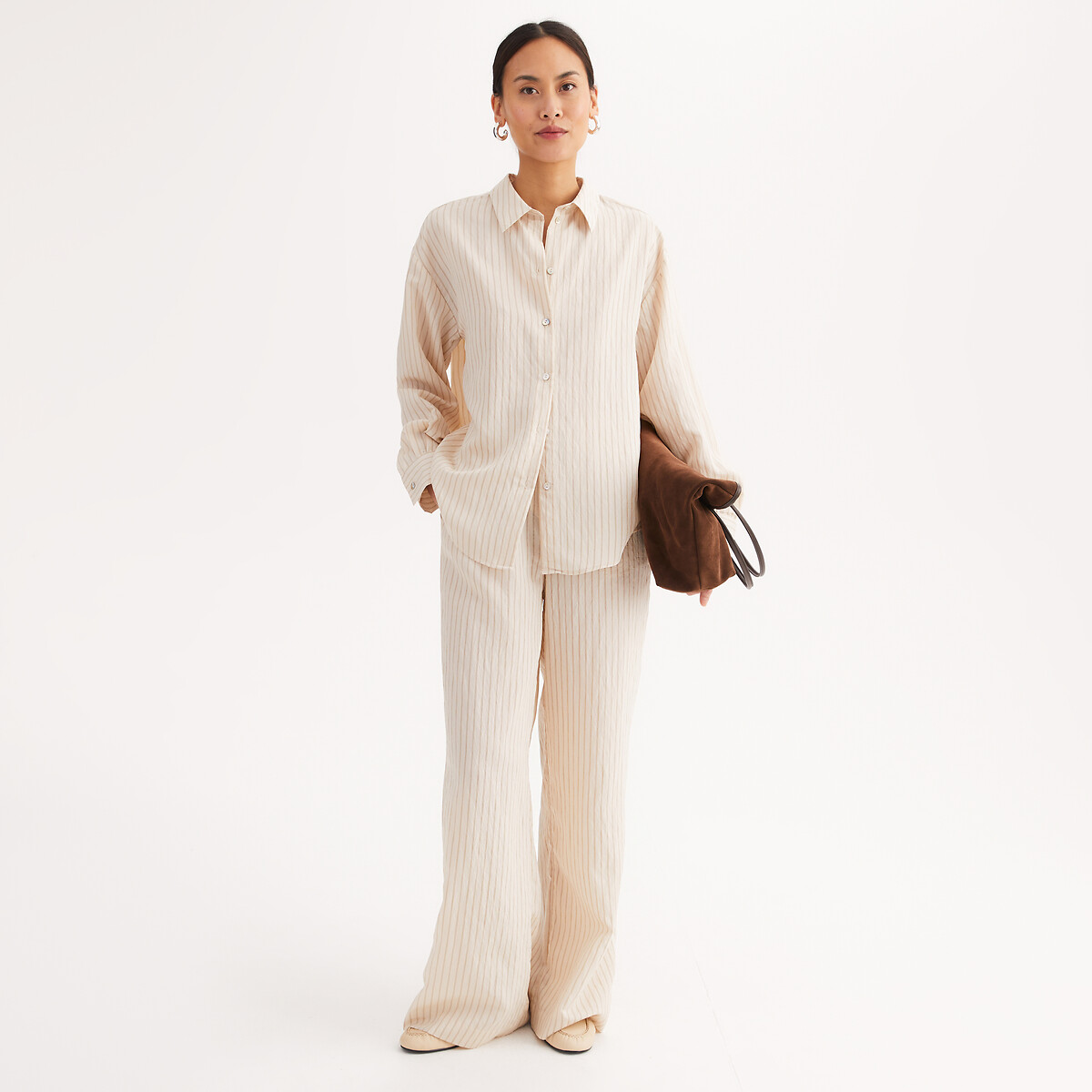 Camisa às riscas, mangas compridas, em seersucker riscas castanho, ANNE WEYBURN
