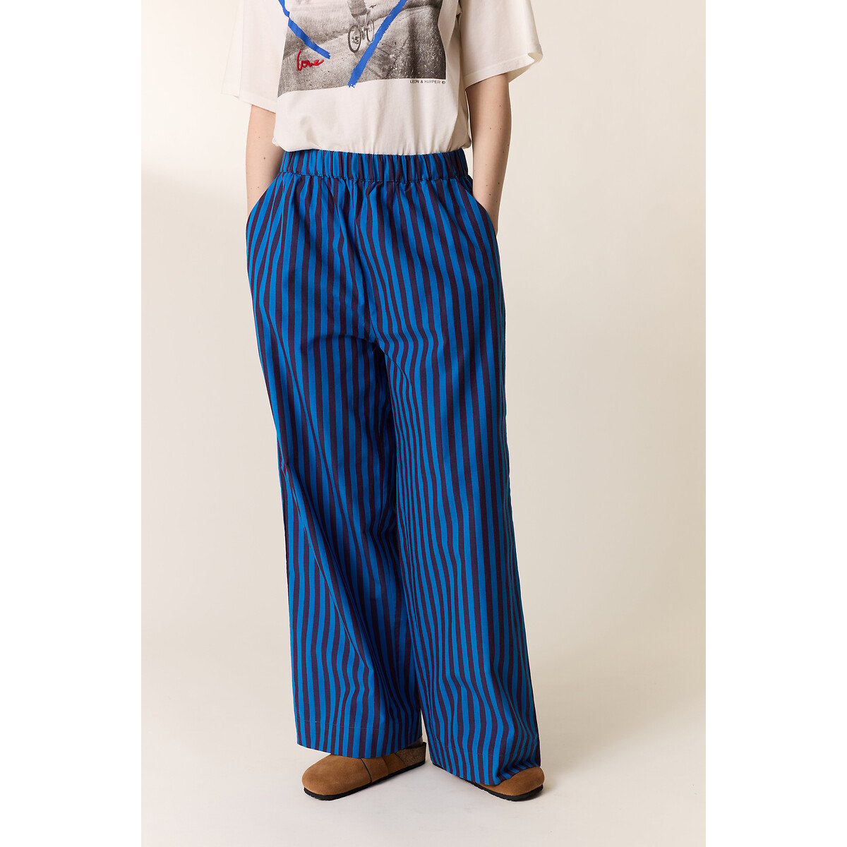 Pantalon large rayé à taille élastiquée, PARTOS rayé bleu, LEON & HARPER