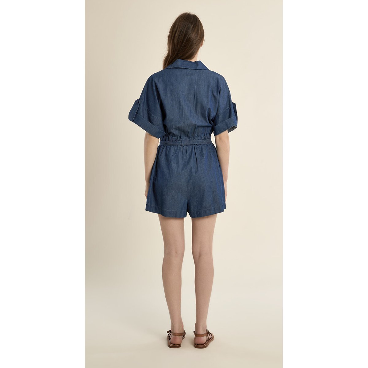 Tuta-shorts in denim blu scuro, MOLLY BRACKEN