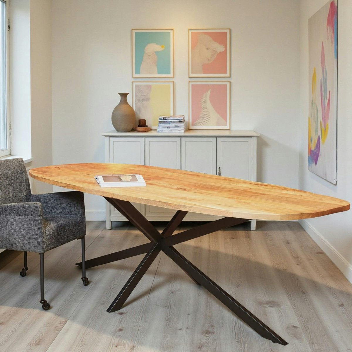 Table moderne en bois, bords arrondis 8 places UTAH bois naturel, PIER IMPORT