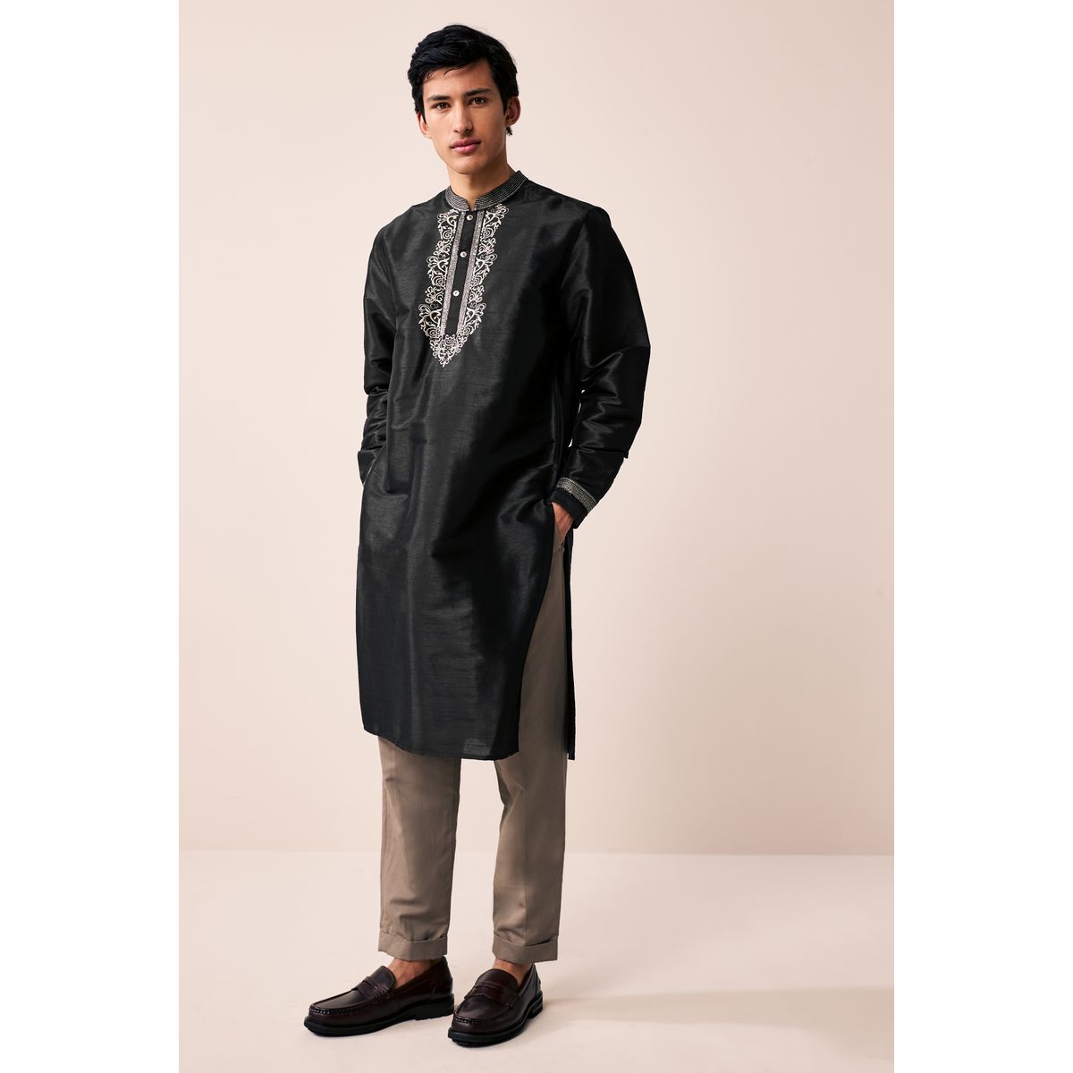 Chemise style kurta longue noir, NEXT