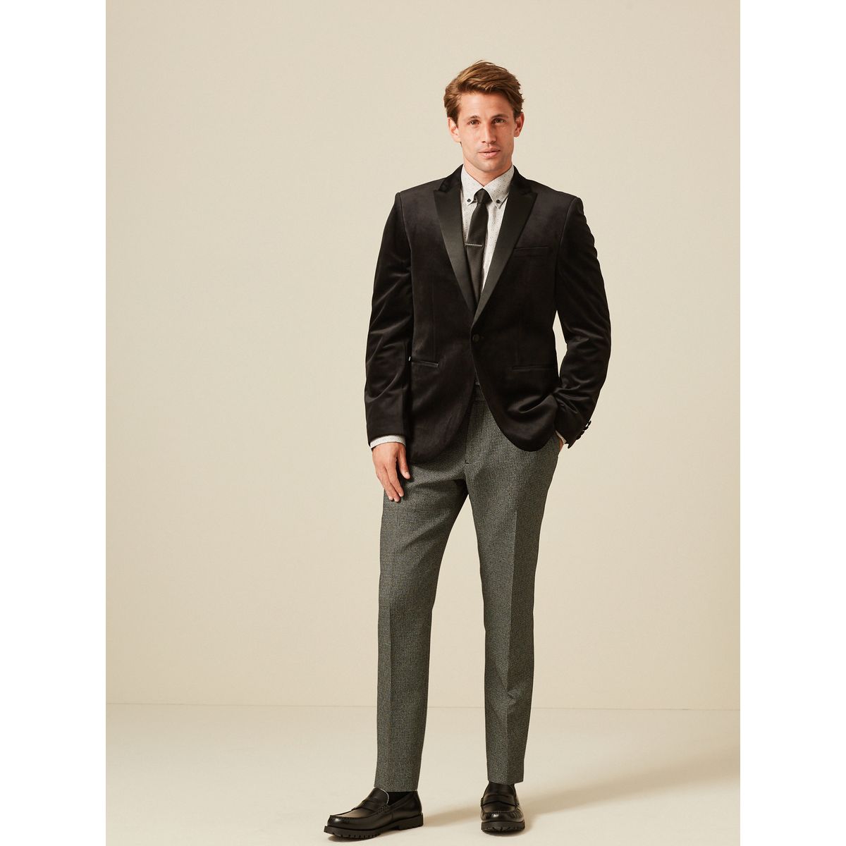 Blazer slim en velours noir, NEXT