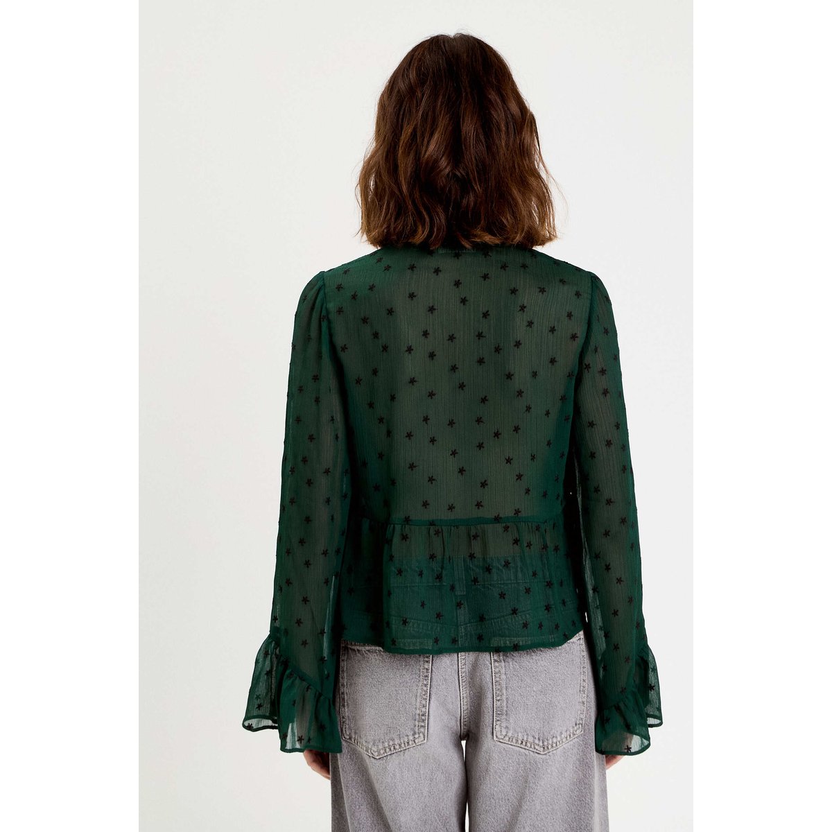 Blouse brodée volantée vert foncé, CACHE CACHE