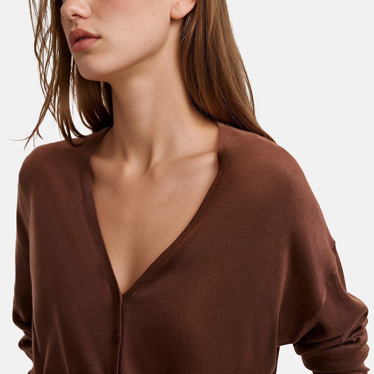 Chaqueta de punto fino con cuello de pico y cierre de botones marrón, LA REDOUTE COLLECTIONS