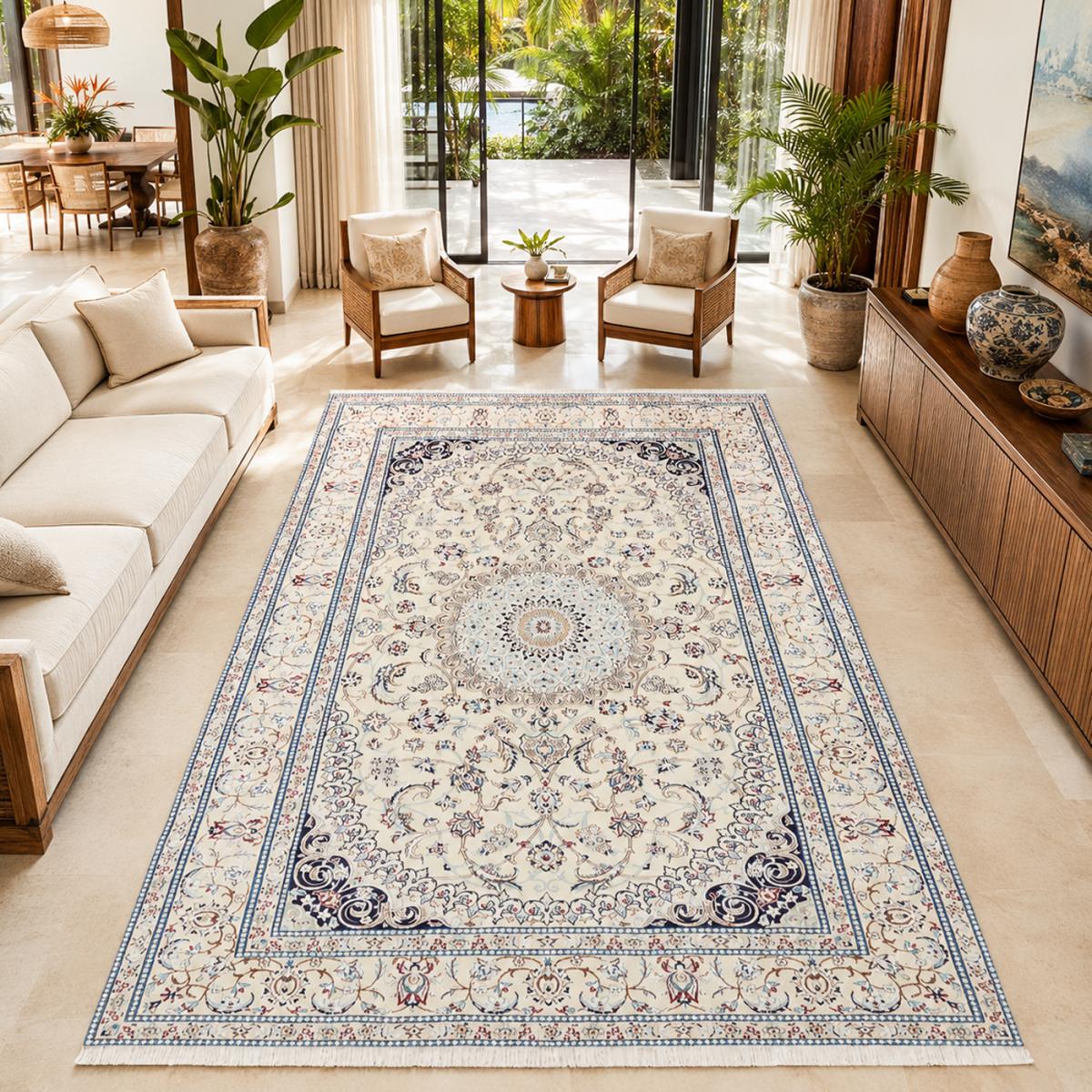 Tapis d'orient au motif oriental, artisanal noué main en laine bleu, crème, beige, UN AMOUR DE TAPIS