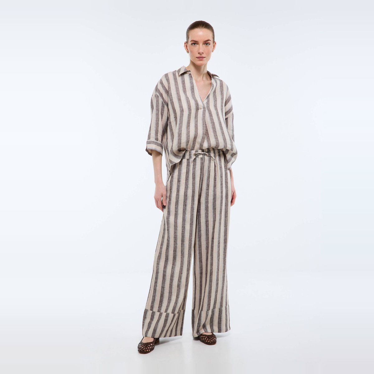 Pantalon large à taille élastiquée en lin rayé ganache, MONOPRIX