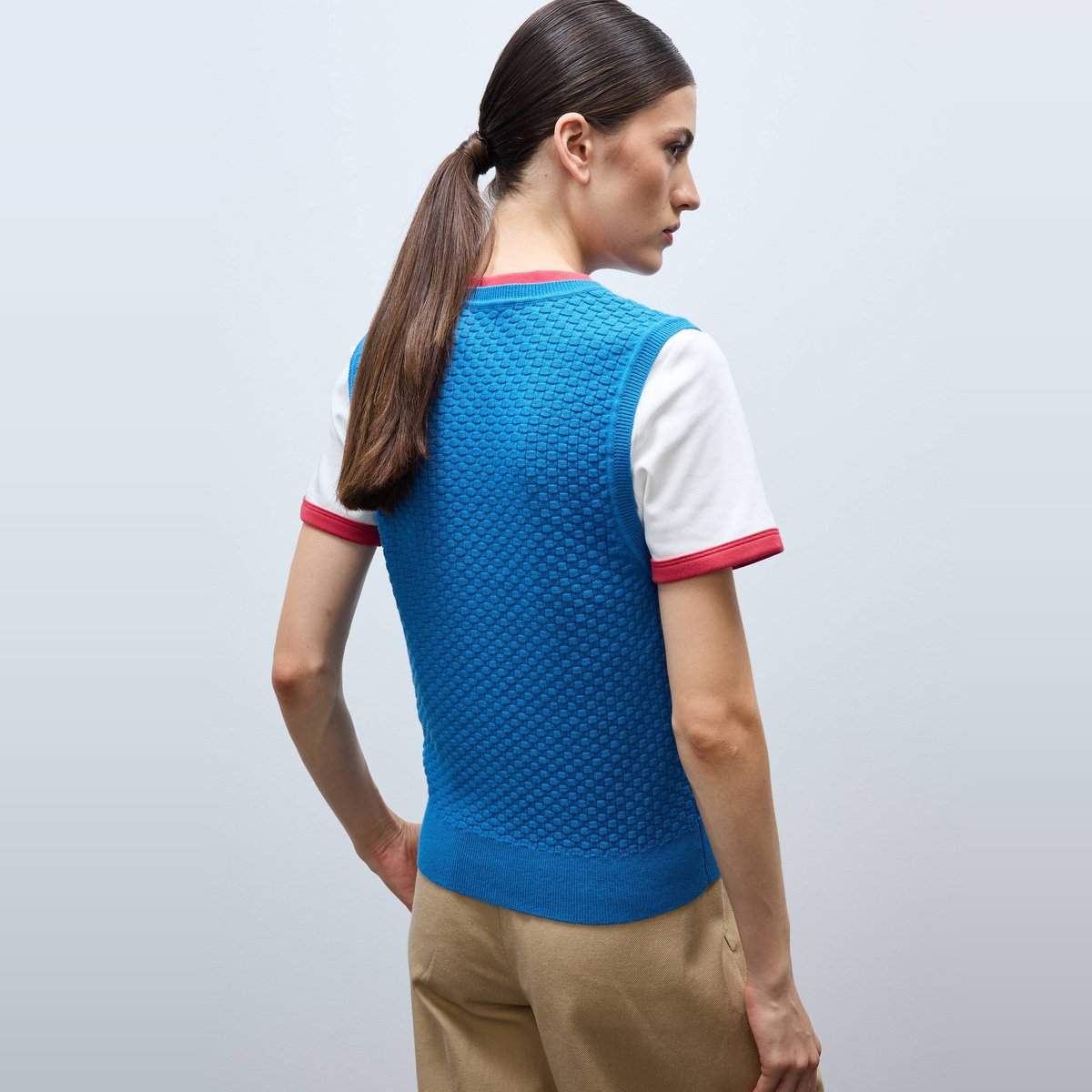 Cardigan sans manches en maille fantaisie porcelaine, MONOPRIX