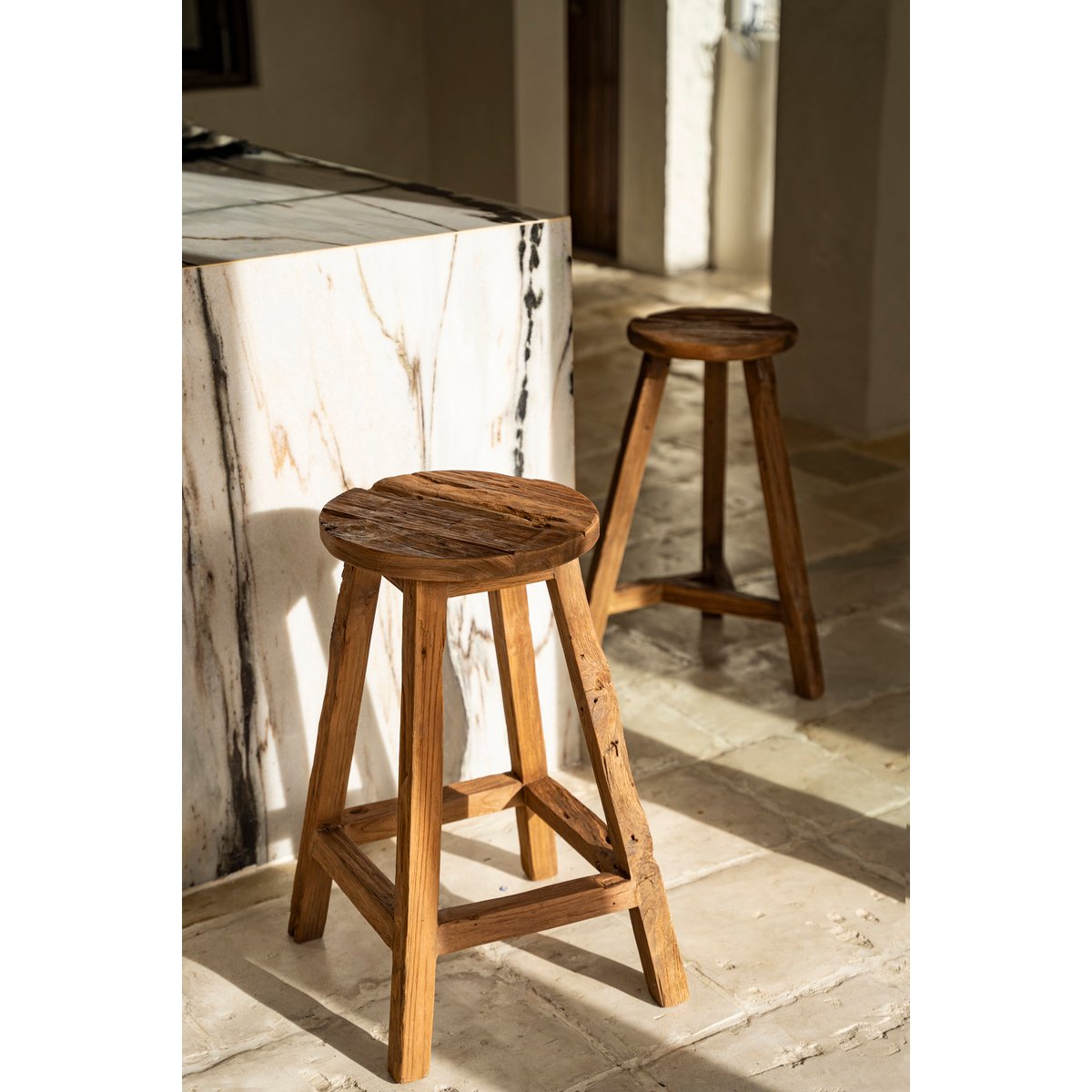 Tabouret de bar en bois de teck récupéré SHIBORI beige, BAZAR BIZAR