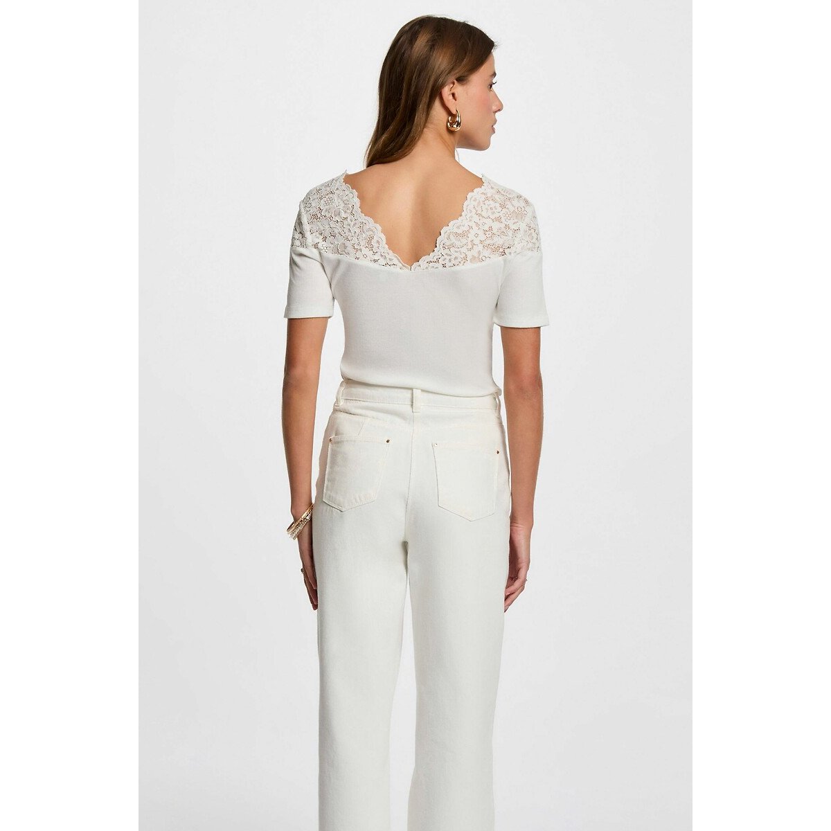 V-Neck T-Shirt with Short Sleeves white, MORGAN