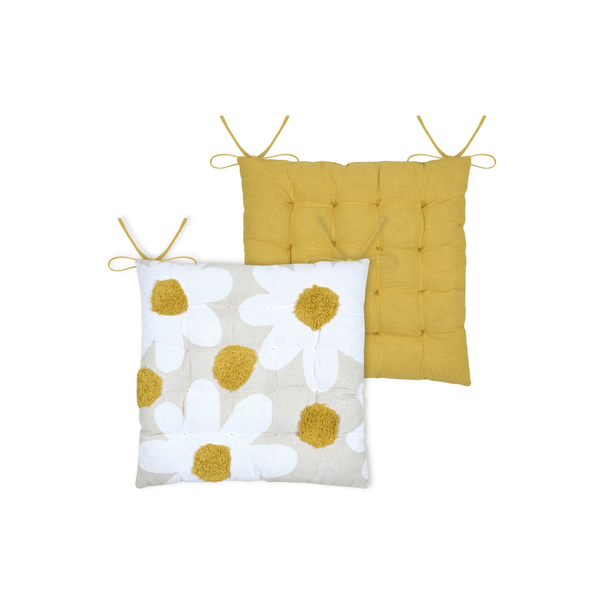 Galette de chaise en polycoton capitonnée à motif marguerites jaune moutarde, LOVELY CASA
