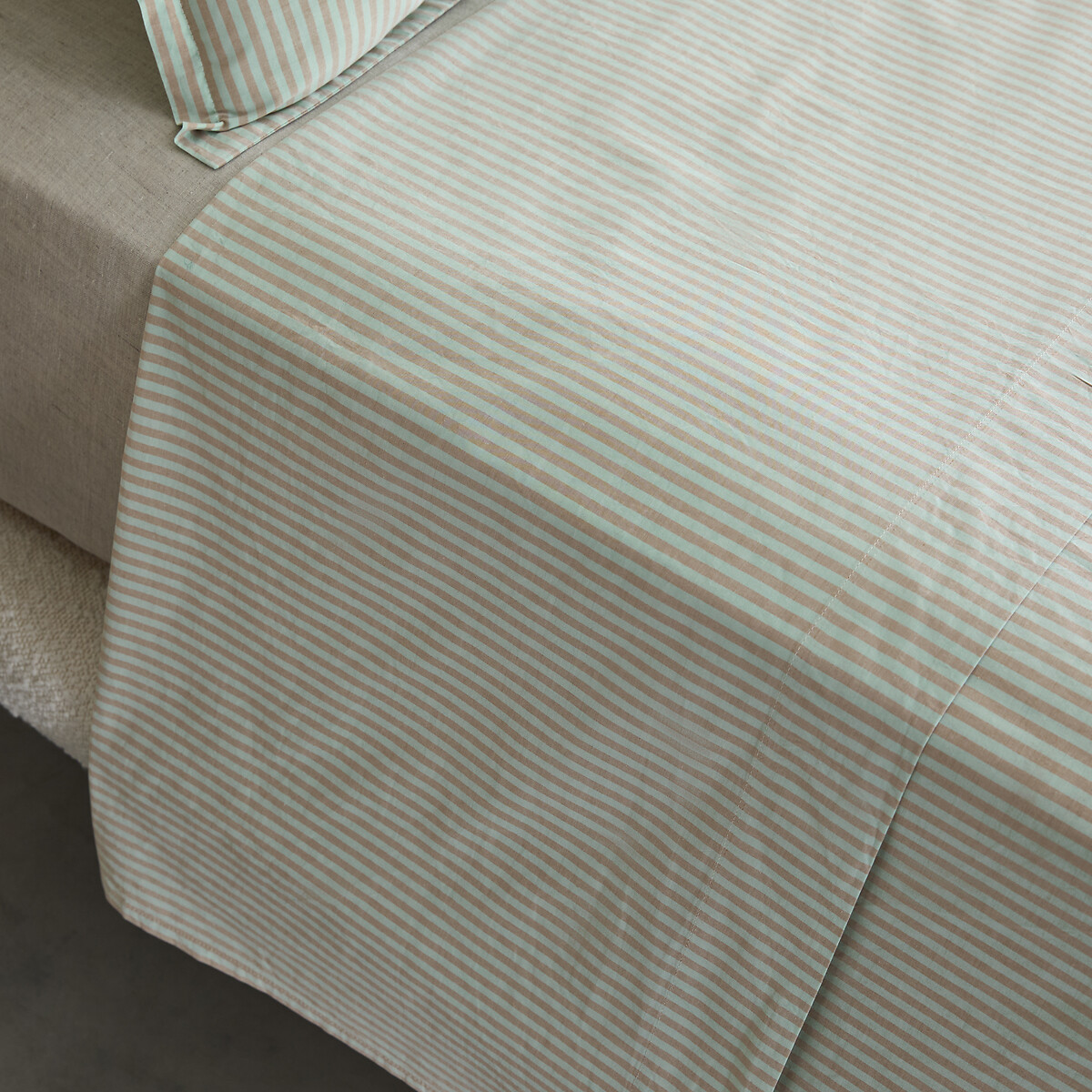 Drap plat en percale lavée 120 fils, VALLI rayé menthe / bronze, AM.PM