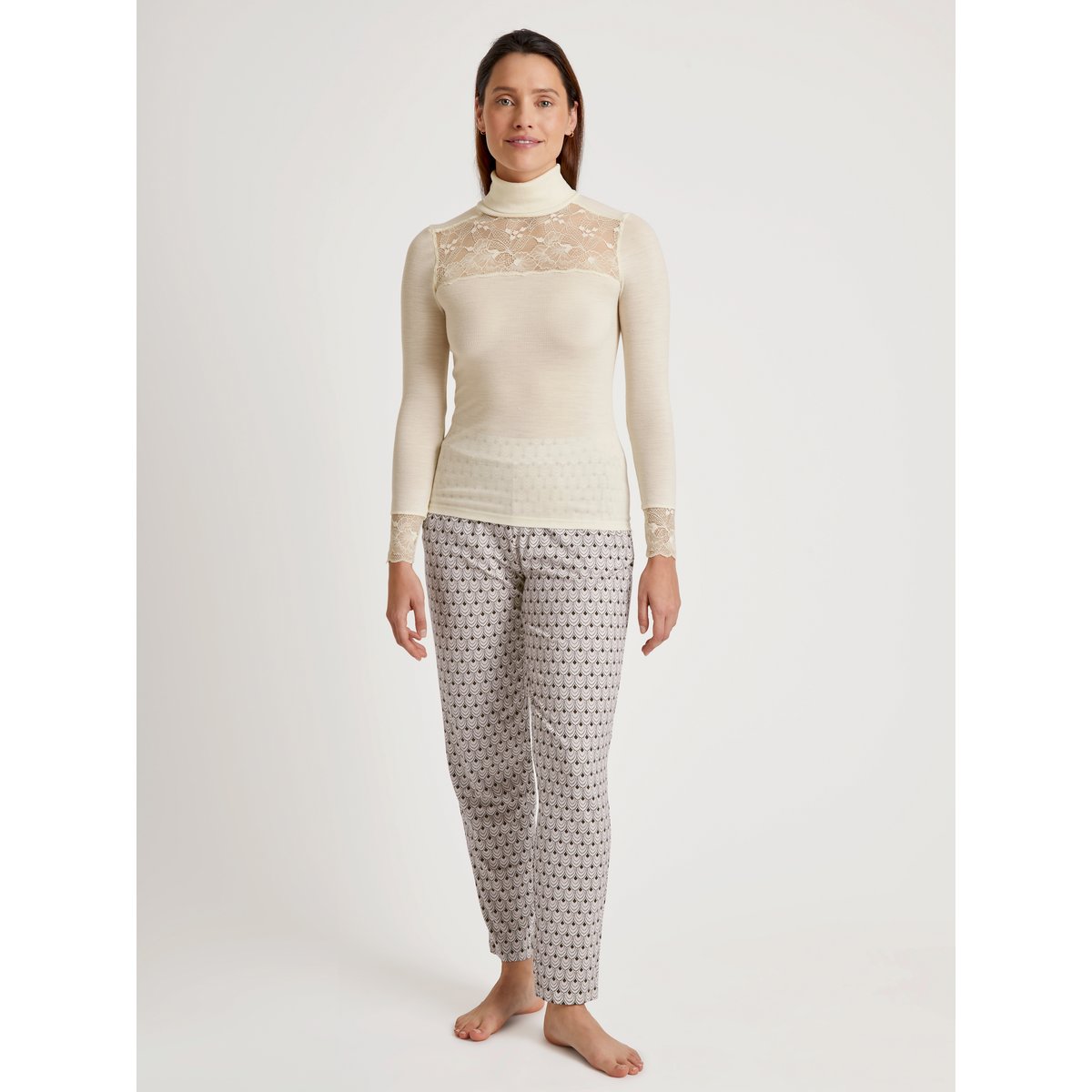 T-shirt à manches longues col roulé en laine et soie manches longues Laine SILKY WOOL GLAM crème de charme, CALIDA