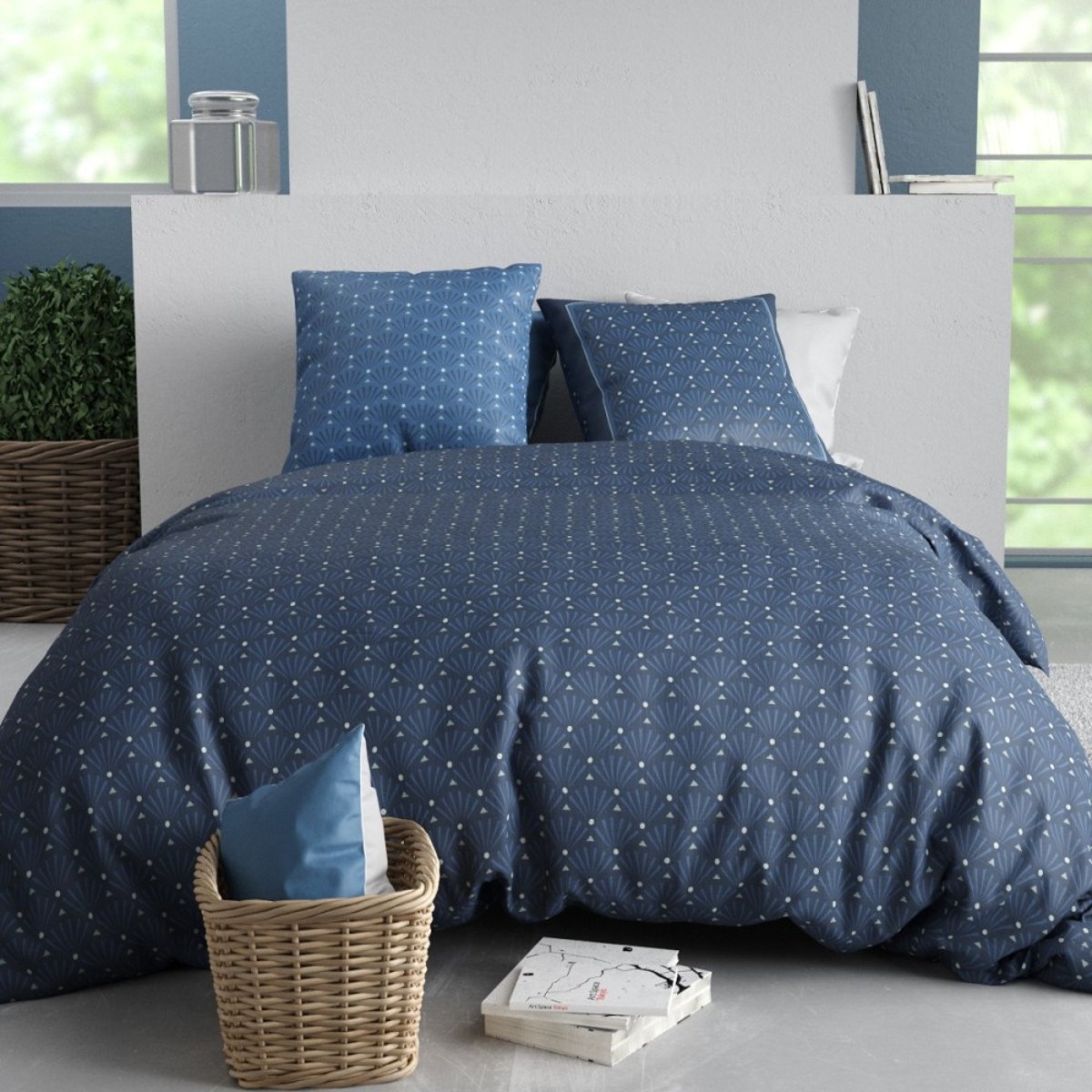 Housse de couette 240x220 + 2 taies coton 57 fils bleu, DECORATIE