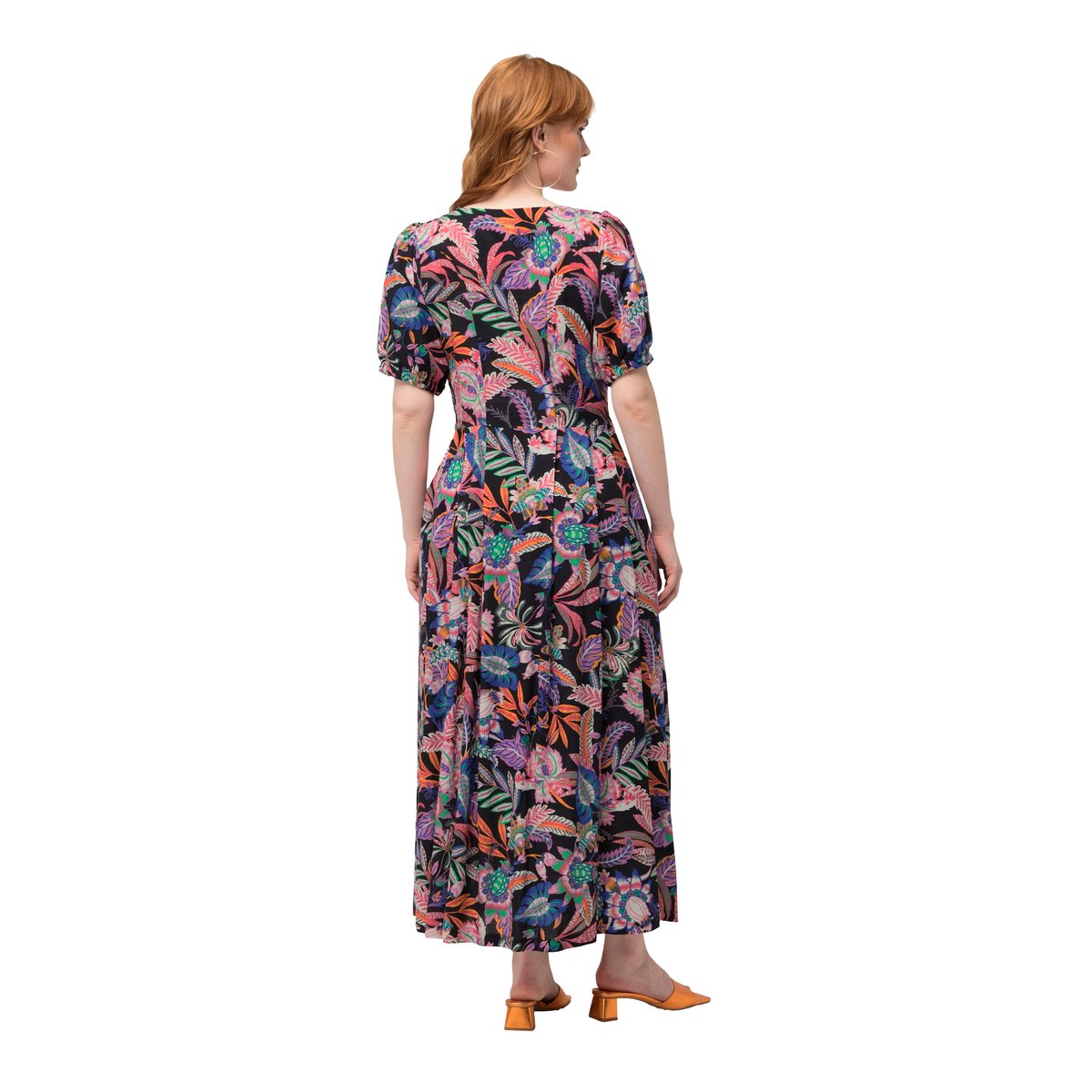Robe, feuilles, mélange de lin, col rond noir, ULLA POPKEN