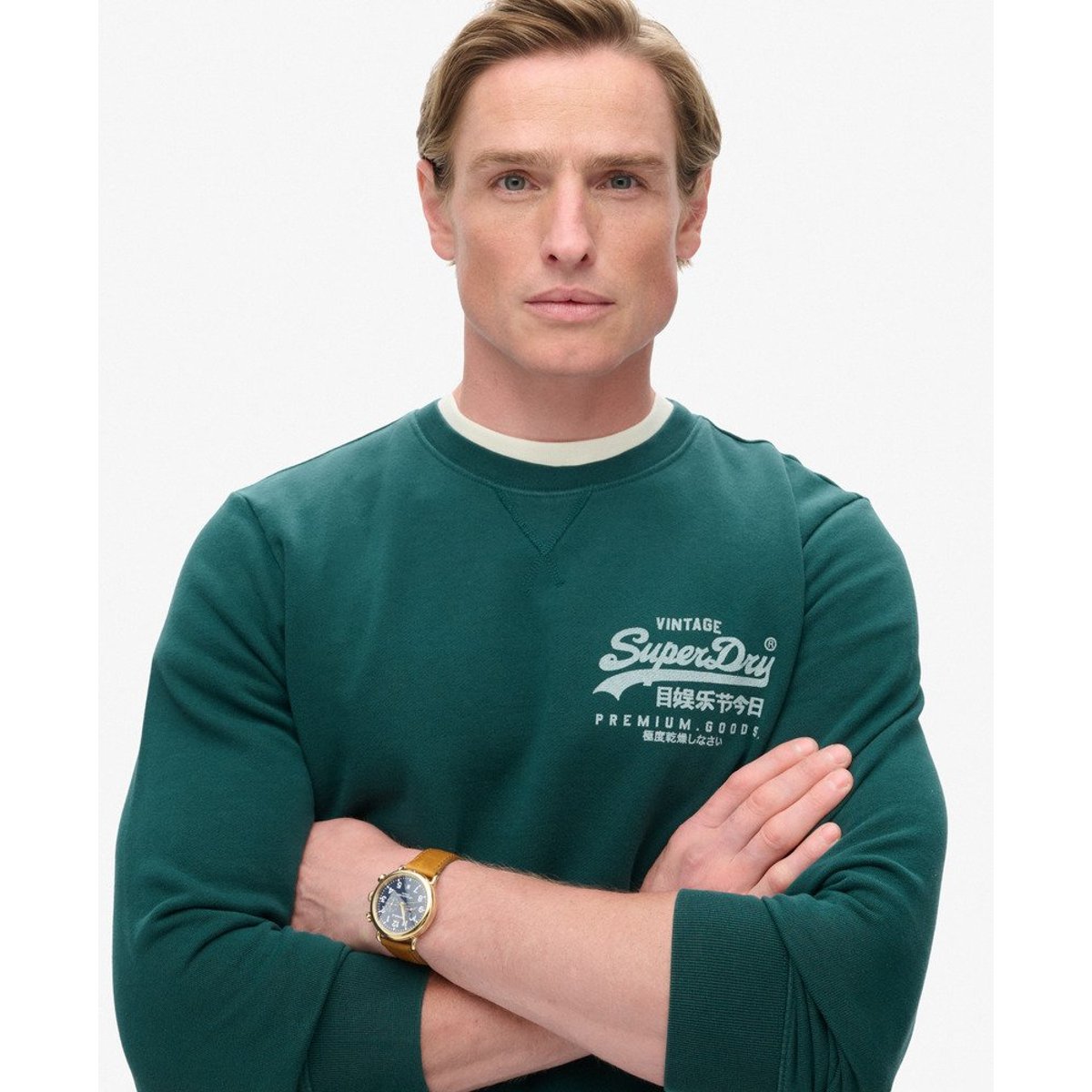 Sweat classique Vintage Logo Heritage Chest vert pinède foncé, SUPERDRY