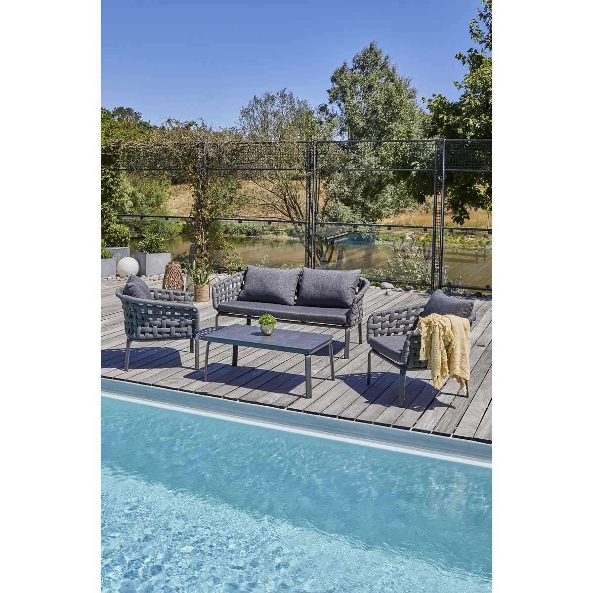 Salon de jardin 4 places en corde tissée et aluminium CAMARGUE gris anthracite, PARIS GARDEN