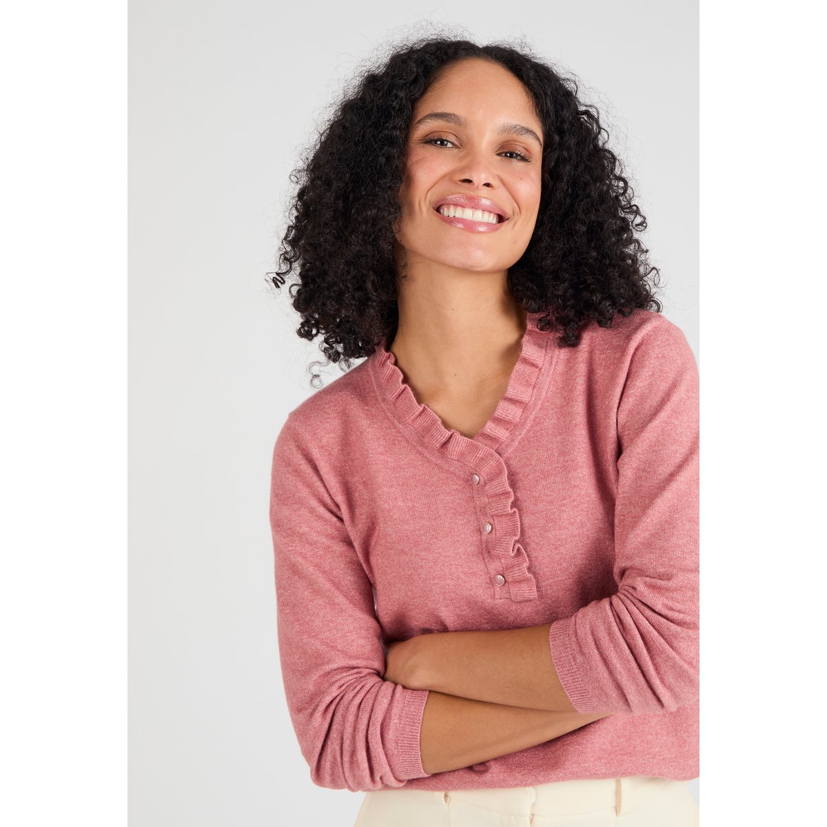 Pull col à volant mélange laine Thermolactyl vieux rose, DAMART