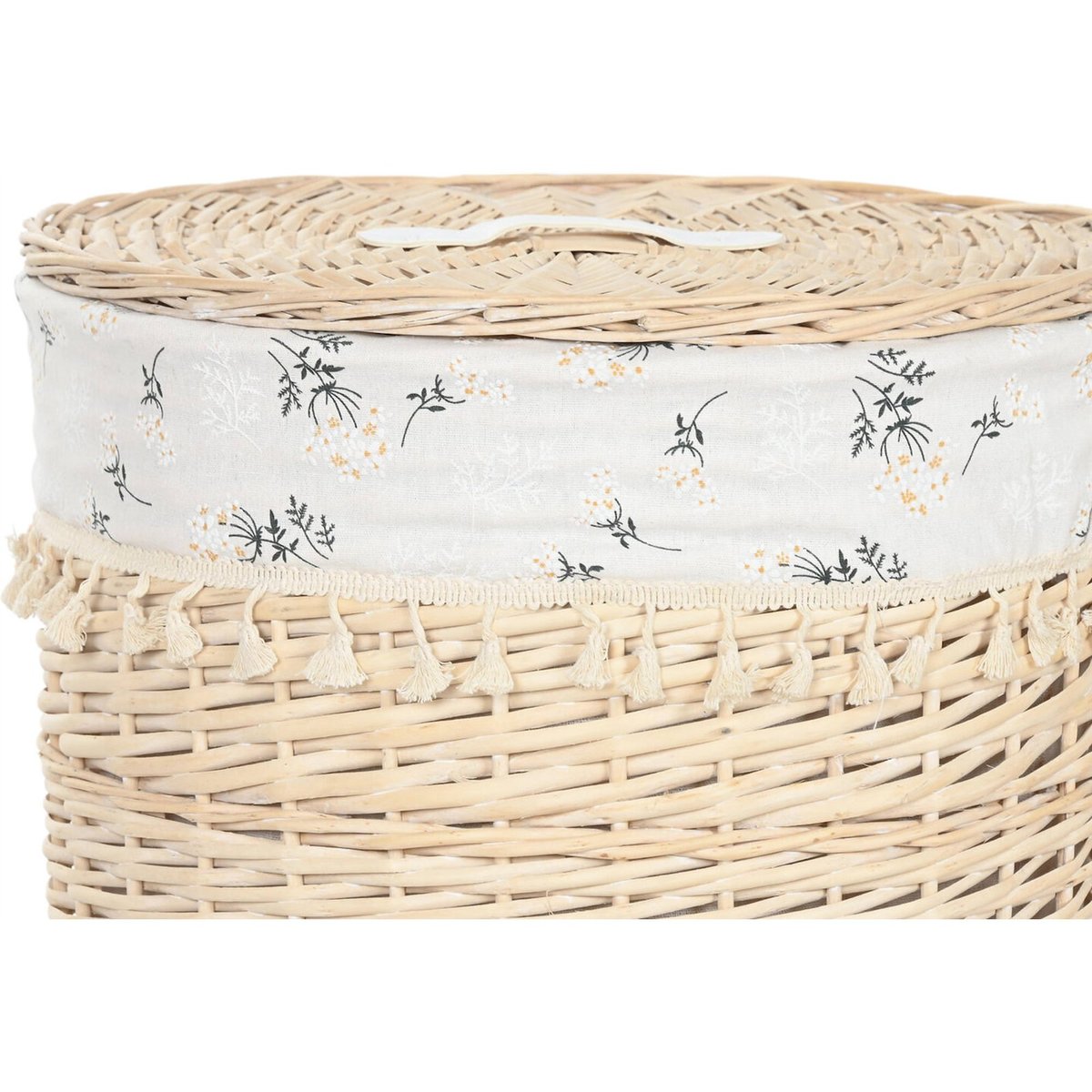 Panier à linge rond en osier motif fleuri naturel osier et coton blanc floral, RECOLLECTION