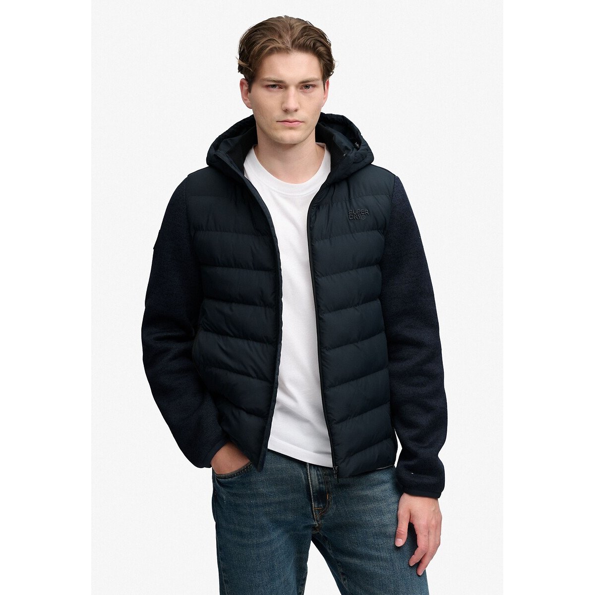 Veste hybride, en maille, à capuche bleu marine, SUPERDRY