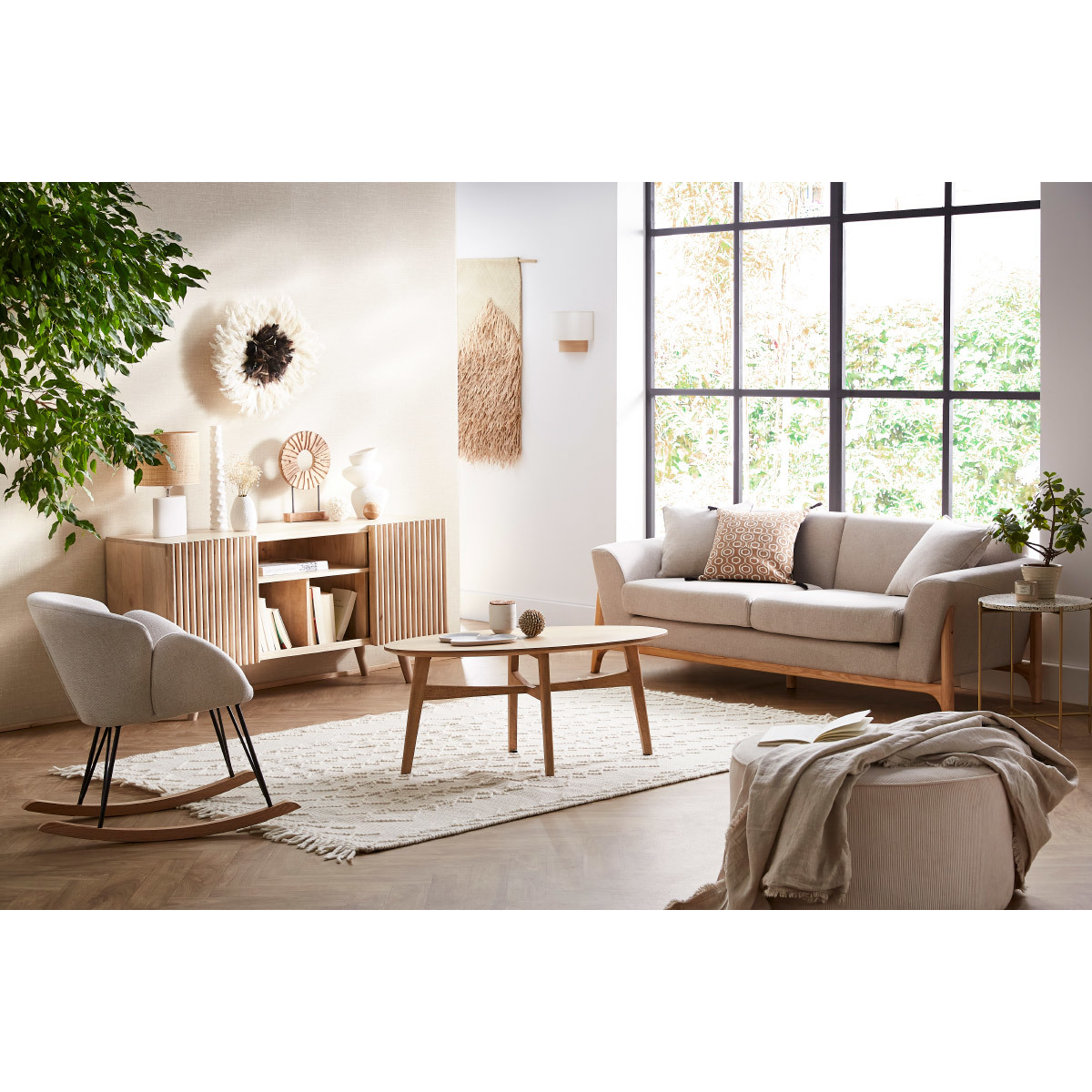 Canapé scandinave 3 places en tissu effet velours ASAKO beige, MILIBOO